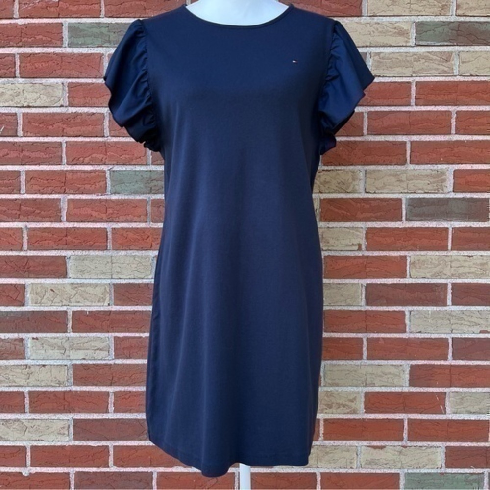 Tommy Hilfiger Round Neck Blue Ruffle Sleeve Short Sleeve Dress 👗